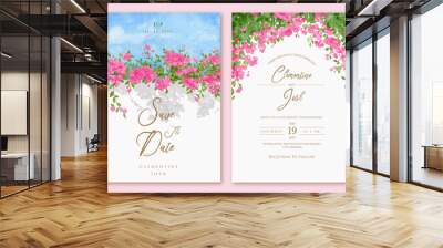 Set of wedding invitation with hand drawn watercolor spring pink bougainvillea flower background Wall mural