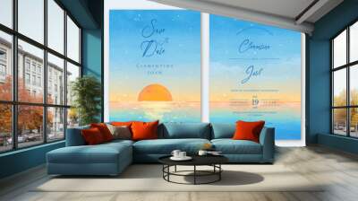 Watercolor pastel sky sunset beach wedding invitation set template Wall mural