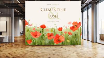 Wedding invitation card with red flower field landscape watercolor background Wall mural