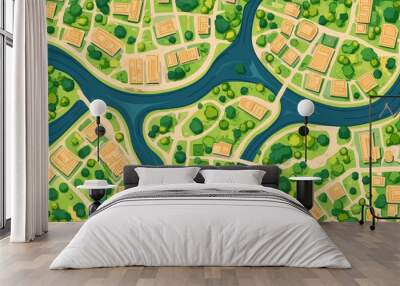 City navigation map. Flat plan of streets parks and river with top view, simple cartoon city map.  illustration downtown pattern with beautiful mapping image town squares, Generative AI Wall mural