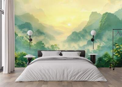 Lush jungle landscape in watercolor style, Generative AI Wall mural