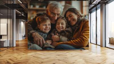 Three generations of happy family meeting at cozy home, resting on comfortable couch, hugging with love, laughing, enjoying family leisure, Dad embracing senior grandma and cute, Generative AI Wall mural