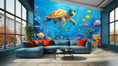 turtle with group of colorful fish and sea animals with colorful coral underwater in ocean, Generative AI Wall mural