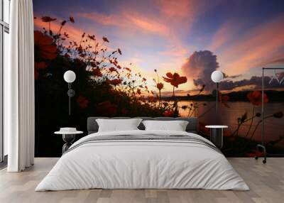 Beautiful Silhouette of Sulfur Cosmos or Yellow Cosmos flowers field in twilight sunset near riverside. Wall mural