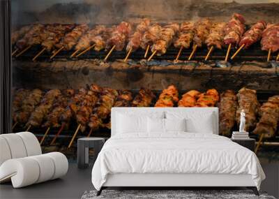 inside souvlaki restaurant; two lines of traditional greek skewered meat souvlaki ready to serve     Wall mural