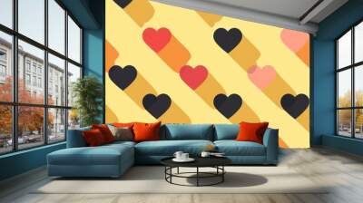 A cheerful Valentine's Day pattern featuring flat design heart symbols on a vibrant yellow background, showcasing a modern and beautiful color palette. Wall mural