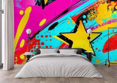 This colorful pop art design showcases a vivid backdrop with bright hues and a star pattern, blending retro elements with contemporary graphic style. Wall mural