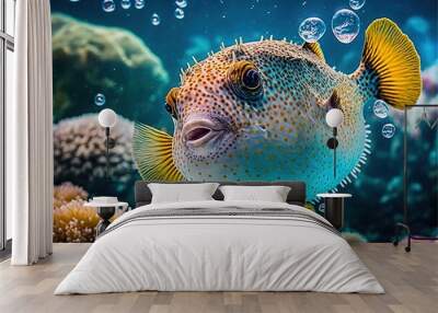 Blowfish underwater in coral reef Wall mural