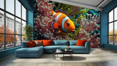 Nemo Clownfish Clown fish swimming in anemone in tropical destination Wall mural