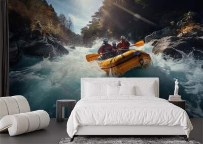 Rafting on a mountain river on a sunny day Wall mural