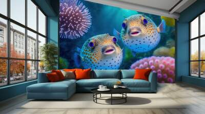 Twins pufferfish underwater in tropical paradise for divers generative AI Wall mural