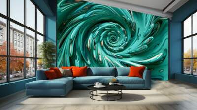 A mesmerizing swirl of teal hues with reflective highlights creating a dynamic, vibrant motion Wall mural