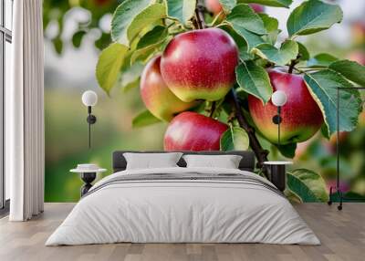 Close-up Red Green Realistic apple tree with apples cute orchard garden Wall mural