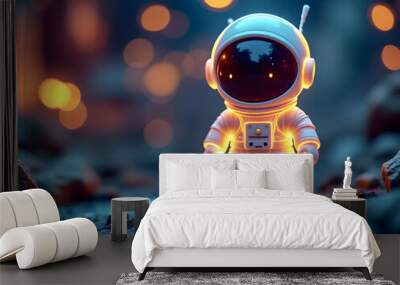 Glowing Astronaut Character In Space on The Moon Surface Graphic Design  Wall mural