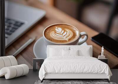 Latte Coffee Cup Saucer Sitting On a Desk Wall mural