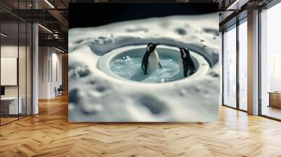 Penguins In a Hot Tub In The Snow Wall mural