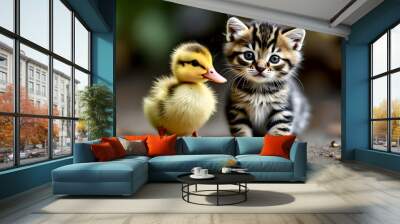 Two Animals Cute Baby Kitten with Baby Yellow Duckling Friend 3D Graphic Design  Wall mural