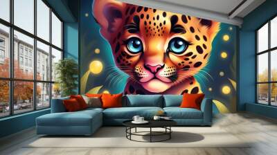 leopard in the night  Baby  cub welp cartoon fantasy style dreamy background children stories wallpaper Wall mural