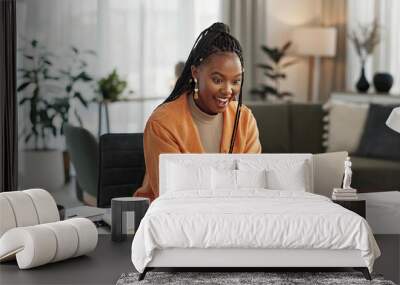 Black woman, typing in home office and laptop for research in remote work, social media or blog in apartment. Freelance girl at desk with computer writing email, website post and online chat in house Wall mural