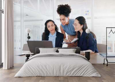 Business women, laptop and collaboration in office for marketing management, leader innovation or strategy research. Team meeting, employee support and tech manager or leadership idea discussion Wall mural