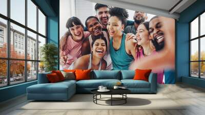 Fitness, gym and selfie of friends in yoga class excited for workout, exercise and training together. Sports club, diversity and portrait of happy people smile for wellness, health goals and pilates Wall mural