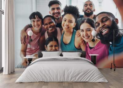 Fitness, gym and selfie of group of friends excited for workout, exercise goals and training together. Sports club, diversity and portrait of happy people smile for motivation, yoga and pilates class Wall mural