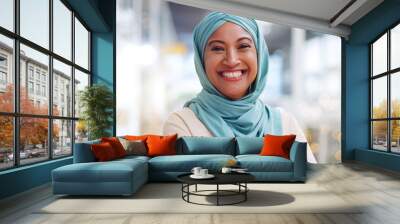 Muslim, business woman and success with face, executive and happy with career, vision with Islamic company. Professional portrait, employee in hijab and leader with corporate motivation and mindset Wall mural