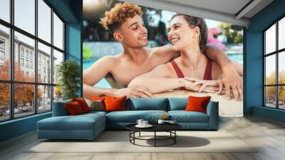 Party, swimming and diversity with a couple of friends in the pool outdoor together during summer. Love, water and swim with a young man and woman swimmer enjoying a birthday or celebration event Wall mural