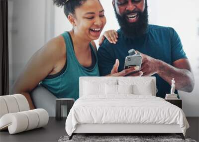 Phone, meme or yoga friends on social media laughing at funny online content after a fitness class. Pilates, black woman and happy African personal trainer relaxing or enjoying crazy comedy together Wall mural