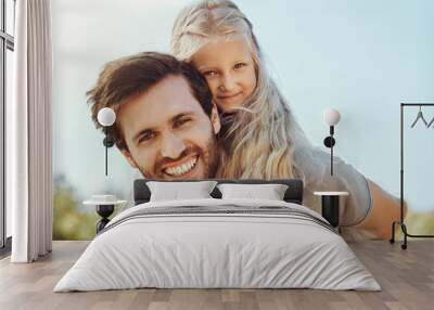 Portrait, father carry girl and outdoor for bonding, happiness and quality time together, smile and weekend break. Love, dad and daughter on back, nature and loving on break, happy or playful for fun Wall mural