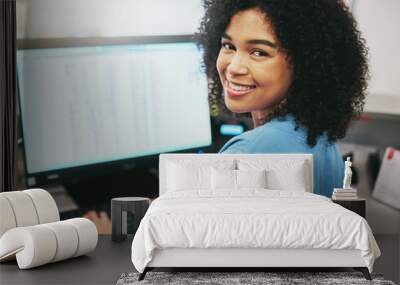 Portrait, nurse and receptionist at hospital on a computer working at her desk or table in an office as a black woman. Medical, healthcare professional or worker smile, happy and excited at work Wall mural