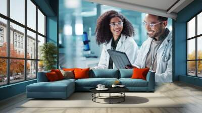 Science, teamwork and laptop with laughing in laboratory for communication, pharmaceutical review or planning. Employees, collaboration and technology for research, discussion and digital analysis Wall mural