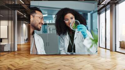 Scientist, team and analysis on cannabis in laboratory with leaf study, medical research and petri dish. Science, laughing and marijuana plant for medicine treatment, drugs and scientific experiment Wall mural