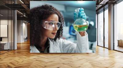 Scientist, woman and chemical with glasses in laboratory for chemistry experiment, test sample or research. Science, person and liquid inspection for clinical analysis, expert investigation and study Wall mural