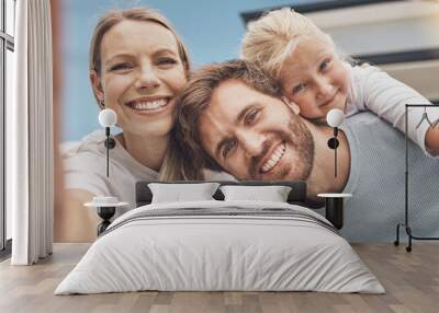 Selfie, happy and portrait of a family at their house after moving, relocation and buying a home. Real estate, mortgage and face of a mother, father and child with a photo outside of a new apartment Wall mural