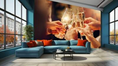 Success, hands or toast in a party for goals, winning deal or new year at luxury social event celebration. Motivation, team work or people cheers with champagne drinks or wine glasses at dinner gala Wall mural