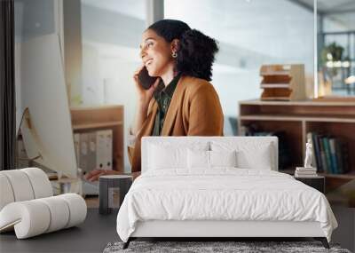 Woman, computer and phone call as receptionist for client consulting or online booking, information with smile. Female worker, communication or talking in office for service, helping or appointment Wall mural