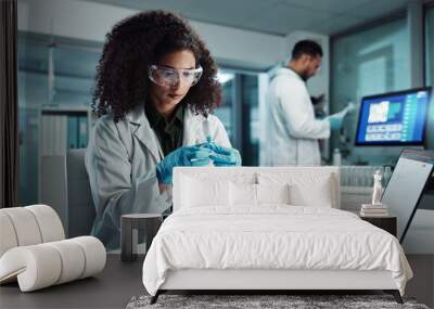 Woman, scientist or blood vial for exam in laboratory, healthcare or pathology to label on test tube. Biotechnology, pharmaceutical and laptop by doctor and online scientific results in phlebotomy Wall mural