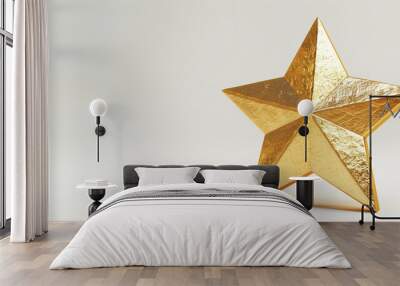 A shiny gold five-pointed star, possibly a decoration or award symbol, isolated on a white background Wall mural