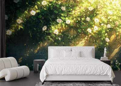 Blooming Floral Wall Bathed in Golden Sunlight Wall mural