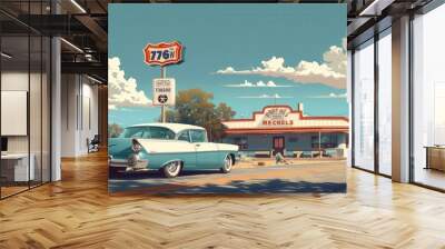 Classic Route 66 Adventure: Vintage Car Passing by Roadside Diner and Motel on American Road Trip Wall mural