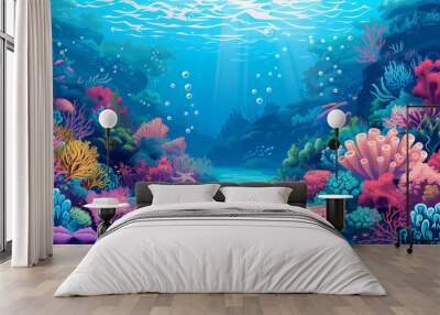 Coral reef teeming with fish in the vibrant red sea Wall mural