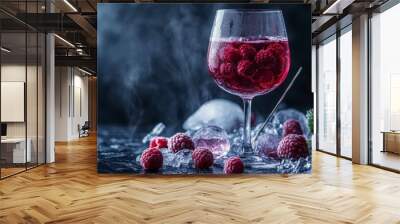 Elegant Wine Goblet with Iced Wildberry Garnish on Dark Yellow Background Wall mural