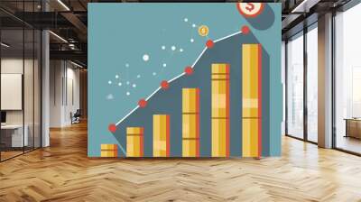 Financial Growth and Success: An upward trending bar graph illustrates financial growth and success, symbolized by stacks of gold coins and a rising line graph.  The design is clean and modern. Wall mural