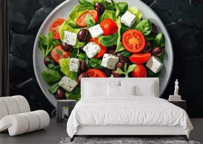 Fresh & Flavorful: A vibrant Greek salad, bursting with fresh ingredients like tomatoes, feta cheese, olives, and greens. The salad sits on a white plate against a dark, textured background. Wall mural