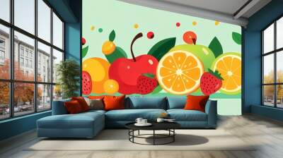 Fresh and Vibrant Flat Design Fruits in Peak Season - Strawberries, Apples, Oranges Illustration Wall mural