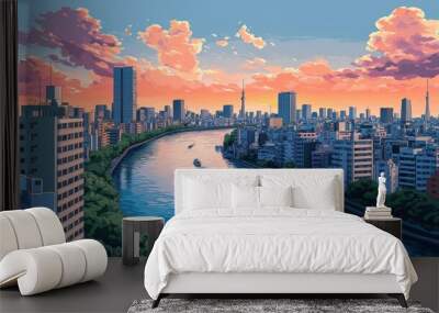 Serene Sumida River Aerial View - Minimalist Anime Vector Illustration in Tokyo, Japan Wall mural