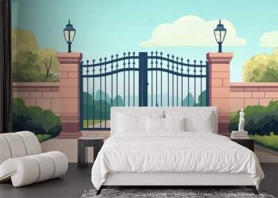 Sleek Modern Automatic Iron Gate - Minimalistic 2D Vector Illustration with Soft Pastel Tones on Transparent Background Wall mural