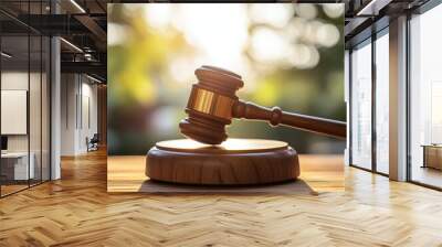 Symbol of Justice and Authority - Gavel on Wooden Base in Sunlit Outdoor Setting Wall mural