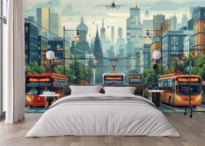 Transportation and Vehicles Illustrate various modes of transportation including cars bikes and public transport as well as transportation infrastructure and travel experiences stylize 250 ar 169 v 6 Wall mural